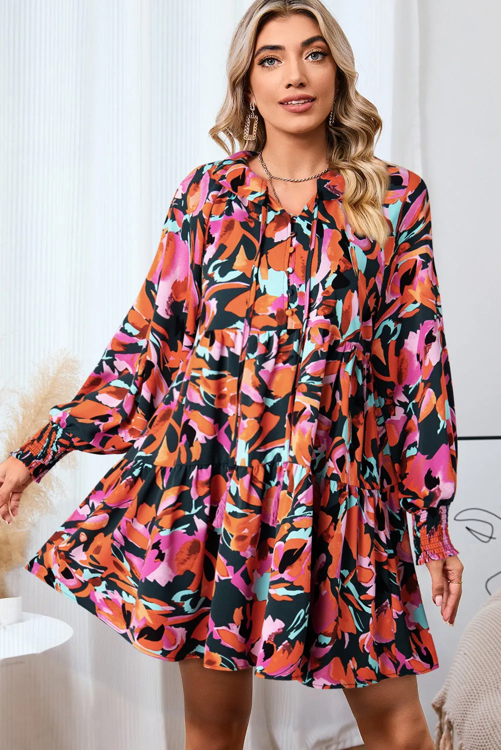 🌺 Printed Tie Neck Lantern Sleeve Mini Dress 🌺