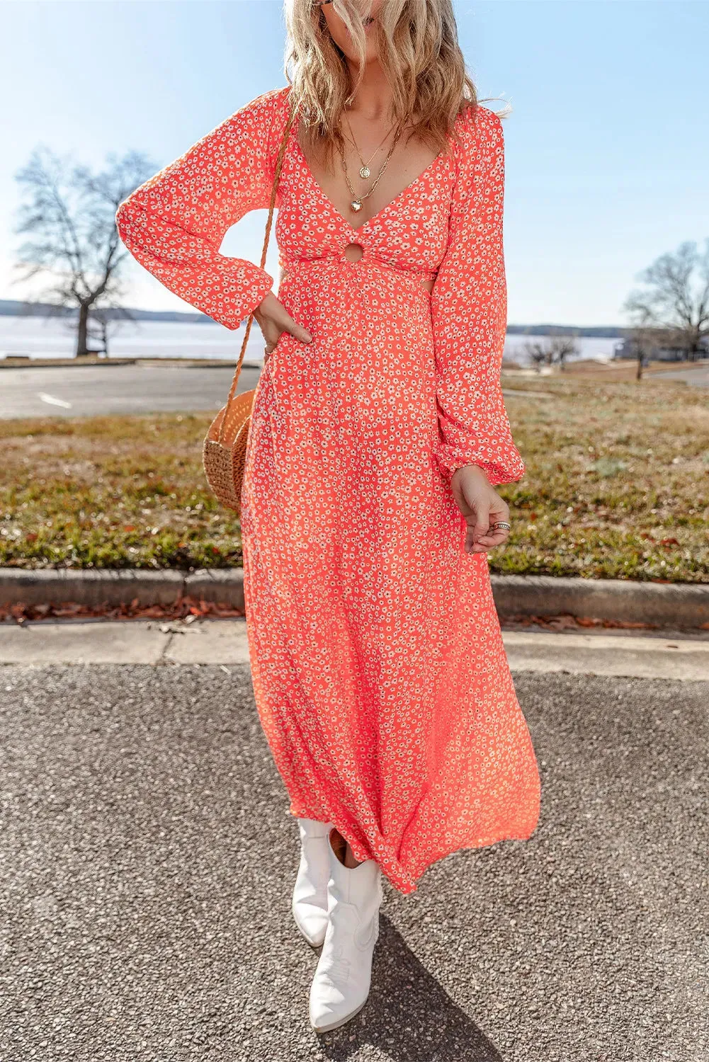 🌼 Printed V-Neck Long Sleeve Midi Dress 🌼