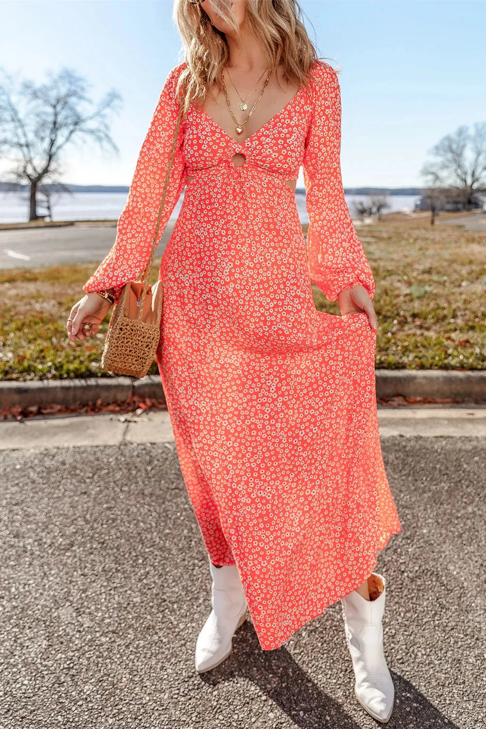 🌼 Printed V-Neck Long Sleeve Midi Dress 🌼