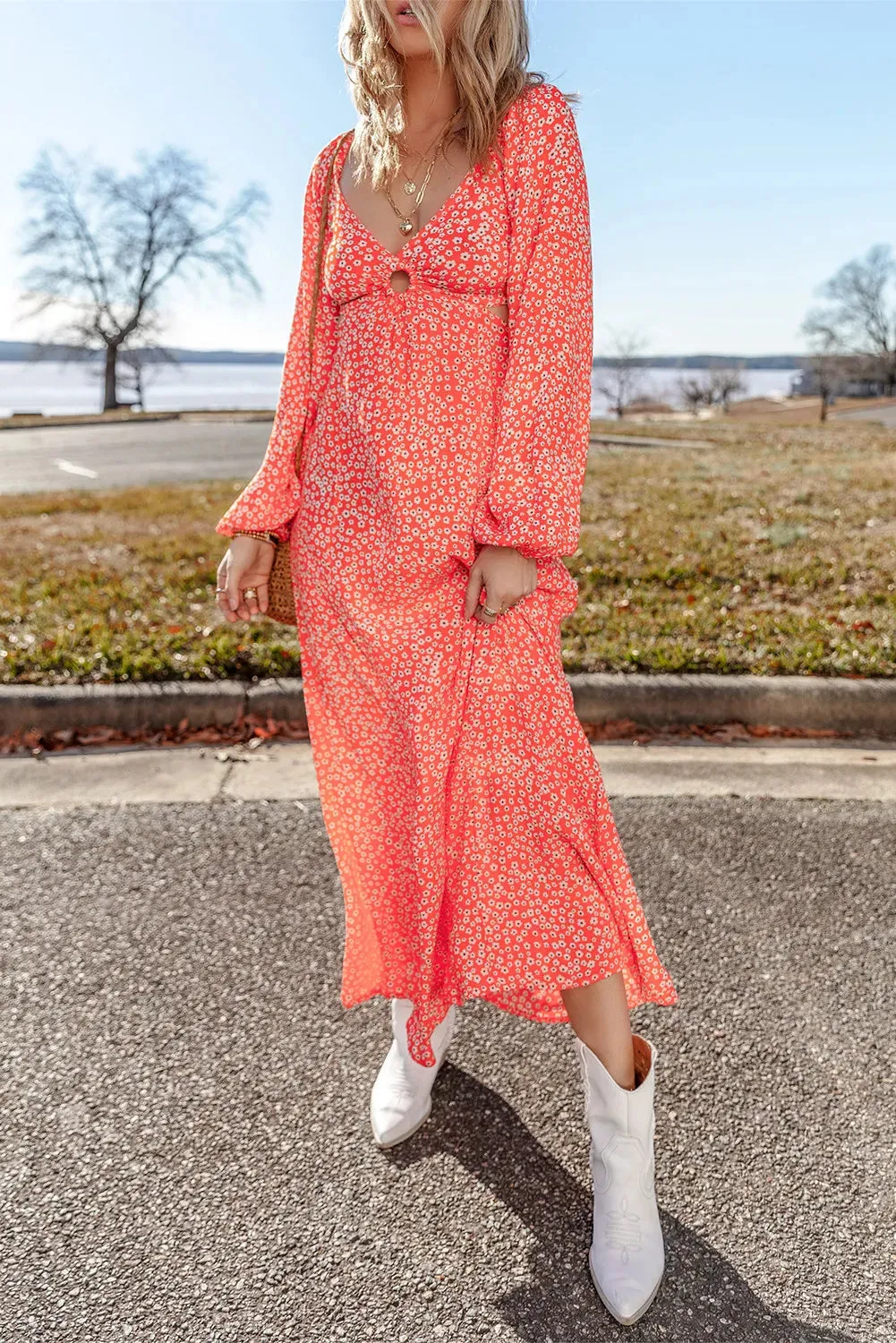 🌼 Printed V-Neck Long Sleeve Midi Dress 🌼