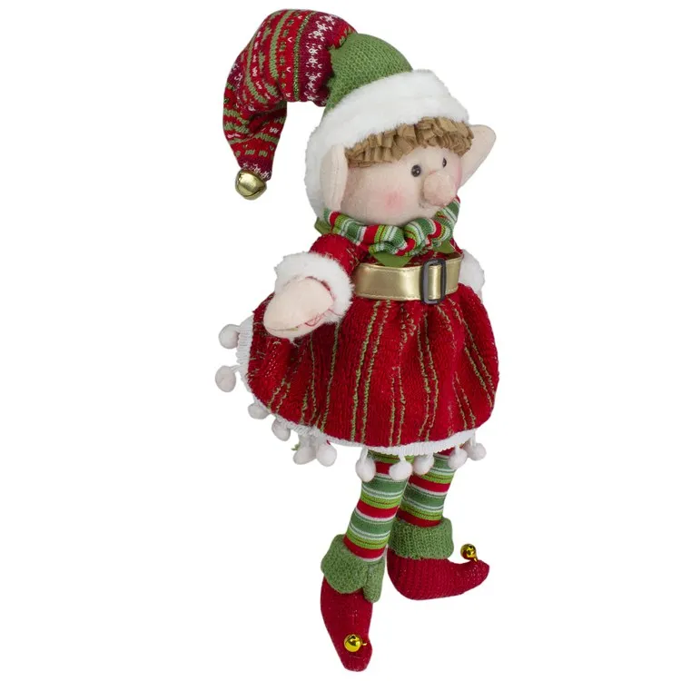 14" Red and Green Plush Jingle Bell Girl Elf Christmas Figure