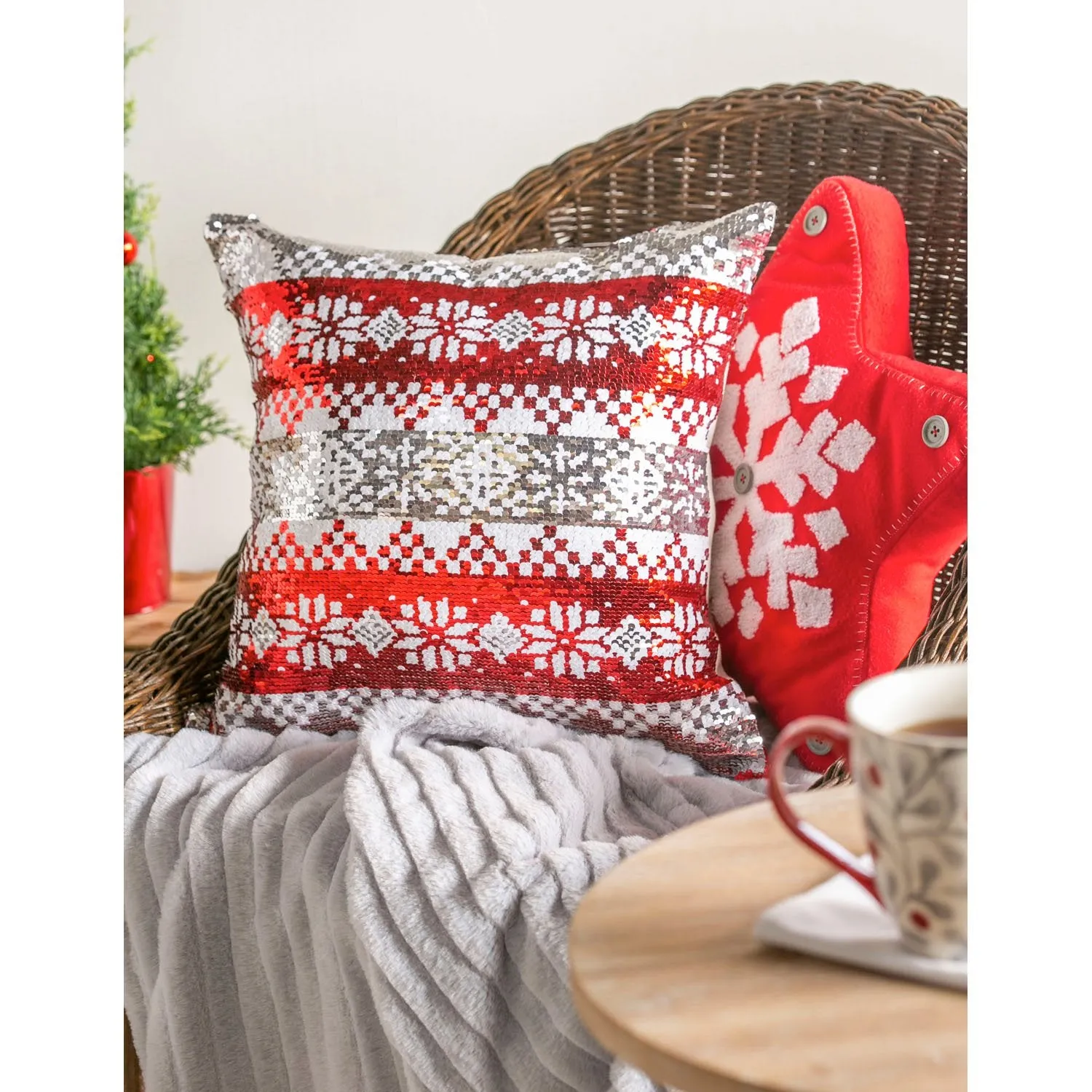 16'' x 16'' Reversible Sequin Pillow, Snowflake Pattern,4pt217576