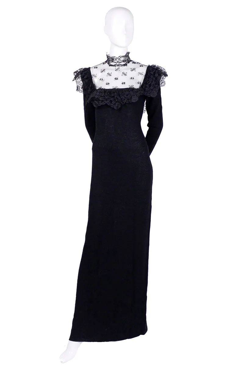 1970s Adolfo Vintage Dress Black Knit w/ Lace & High Neck Collar