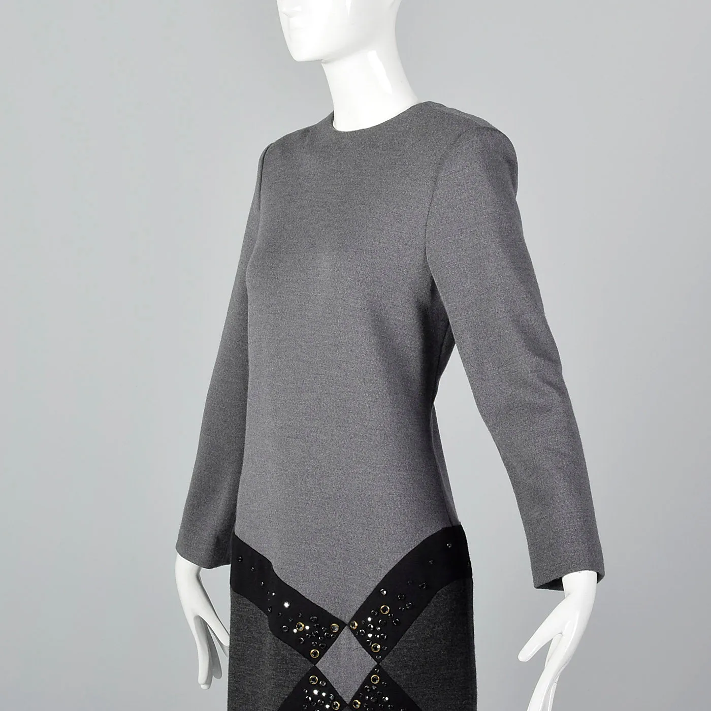 1980s Bob Mackie Gray Knit Dress with Asymmetric Rhinestone Hip