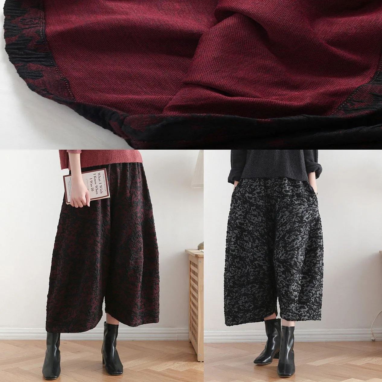 2019 autumn and winter literary wide leg pants large size jacquard retro nine points red pants