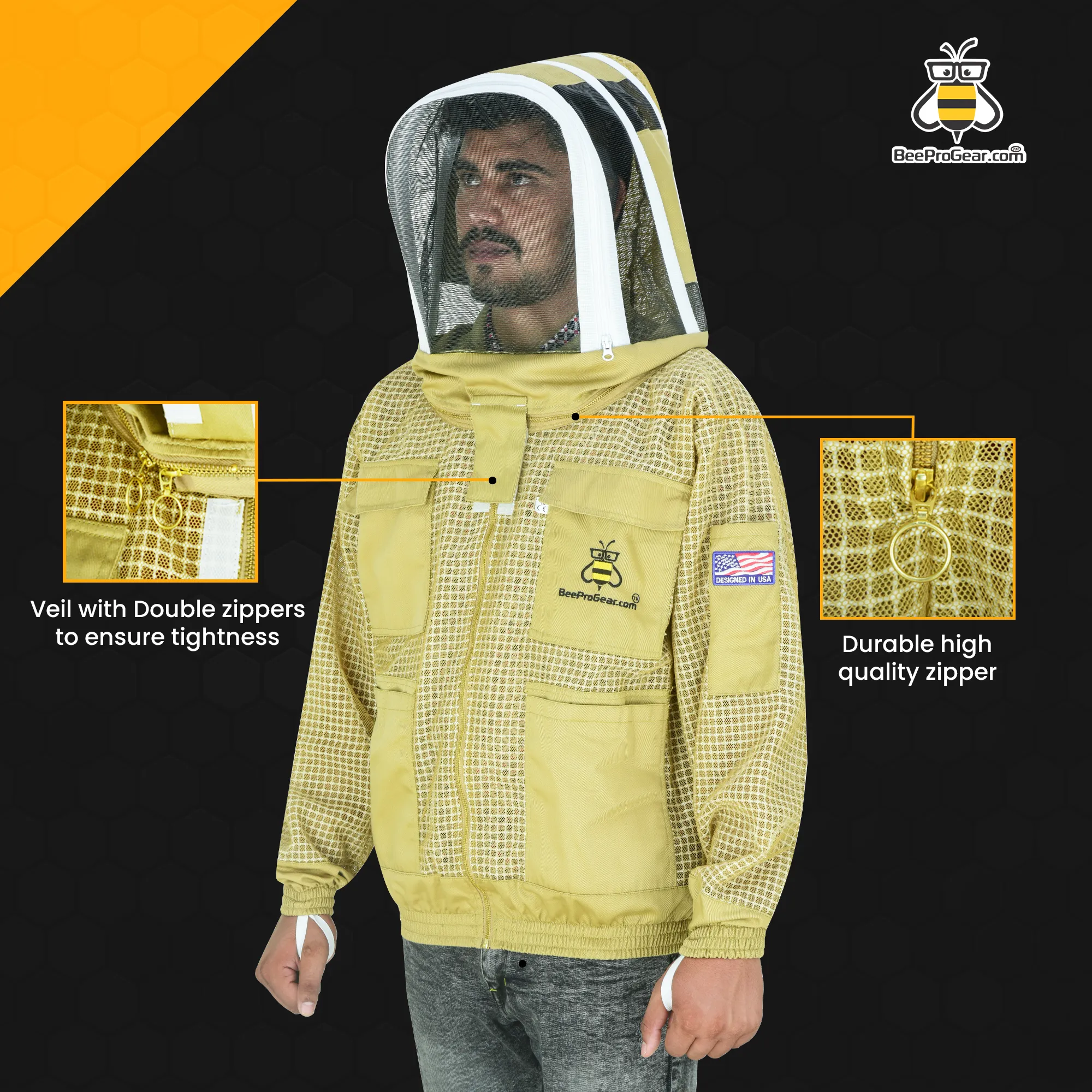 3-Layer Ultra Ventilated Beekeeping Jacket with Fencing Veil | Ultimate Sting-Proof Protection for Men & Women | Khaki