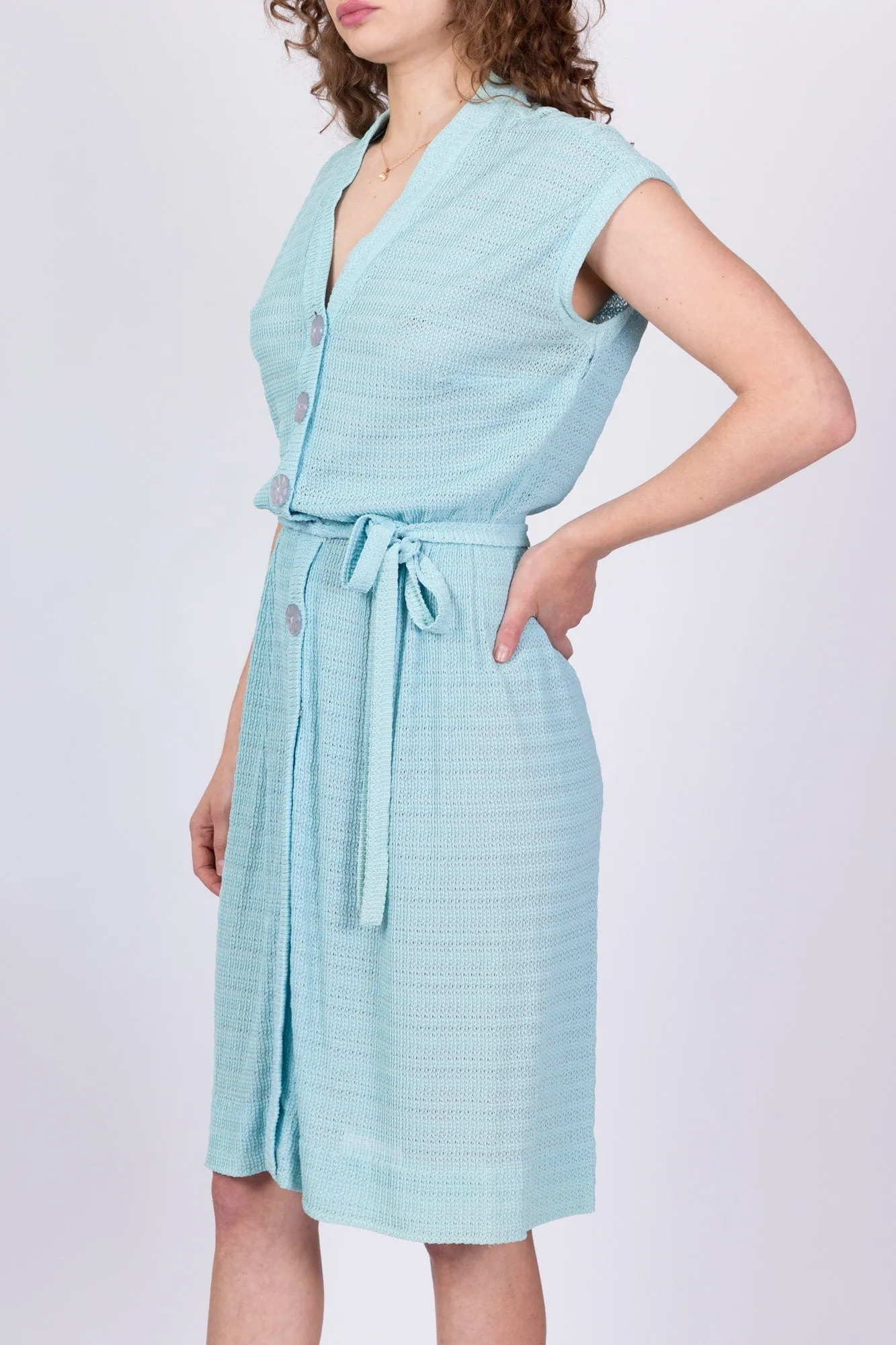 40s Robin's Egg Blue Knit Button Up Day Dress - Medium