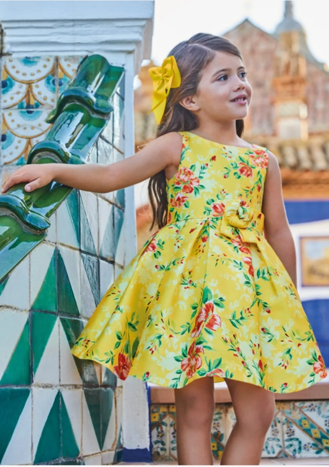 Abel & Lula Girls Youth Yellow Floral Mikado Dress