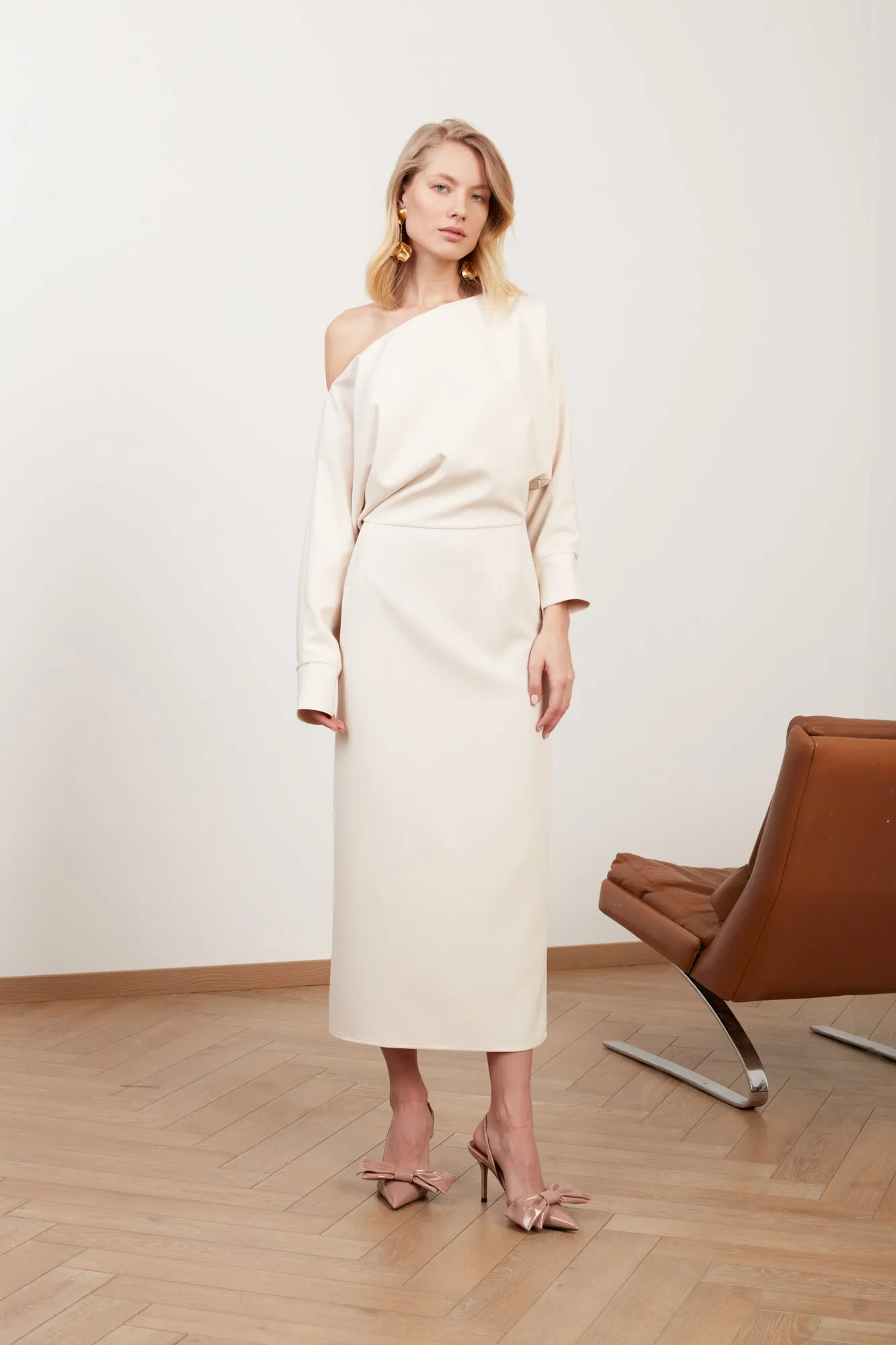 AGALIA cream off-the-shoulder midi dress