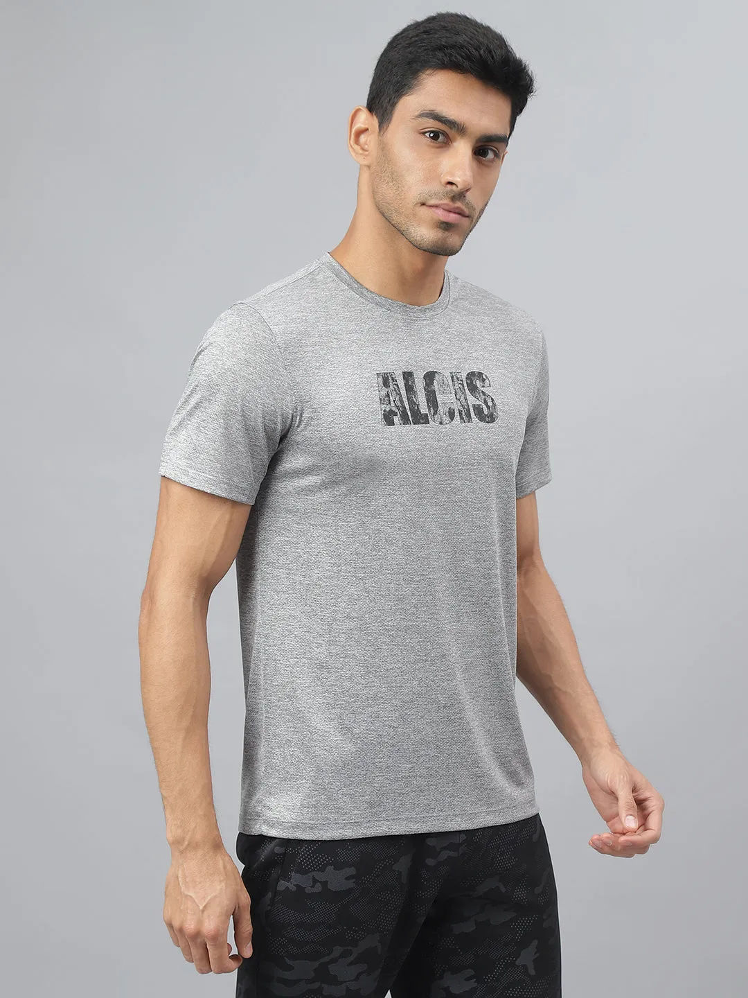 Alcis Men Grey Cationic Anti-Static Slim-Fit Round Neck Training T-Shirt