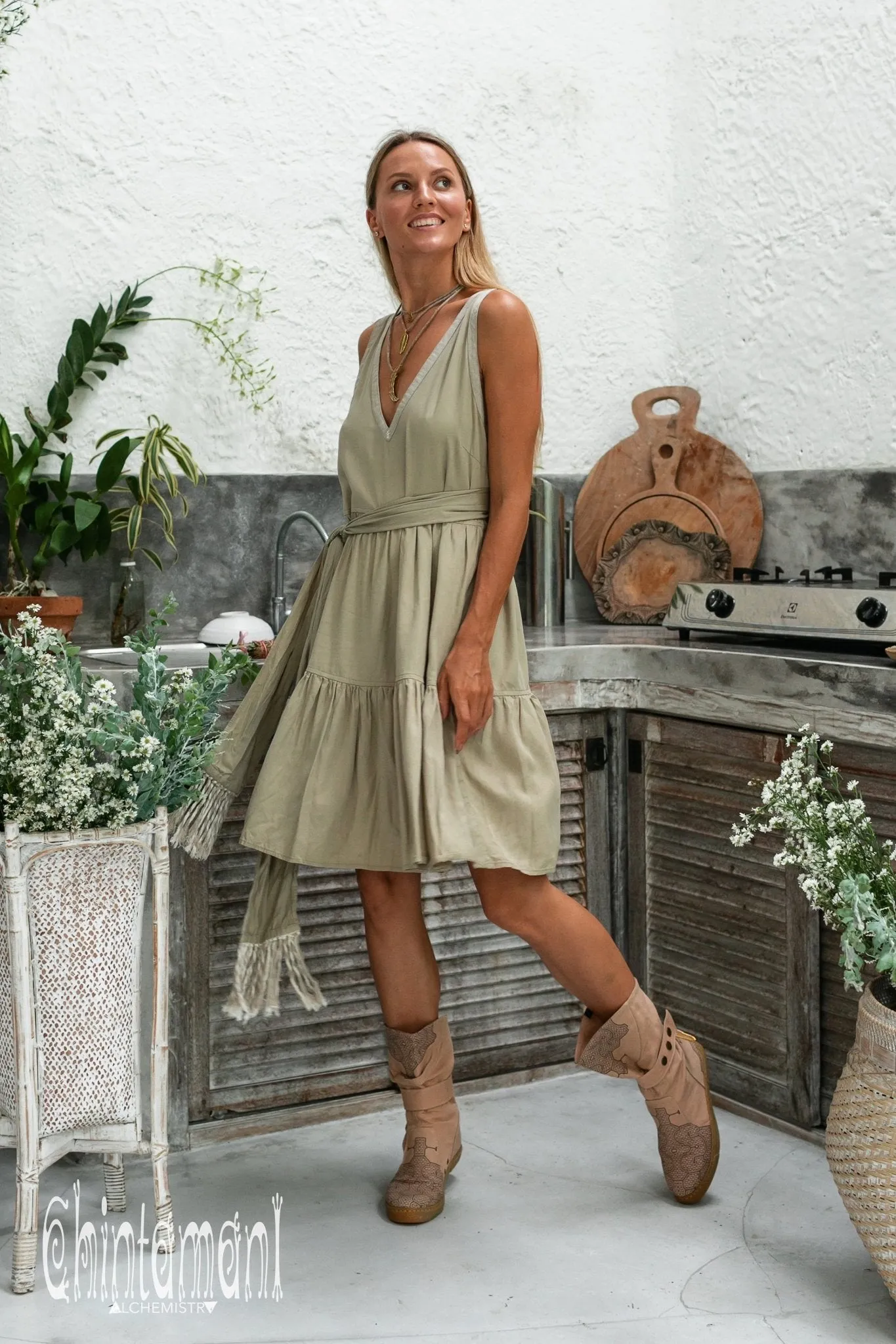 Alma Libra Tiered Midi Dress / Cotton / Sage