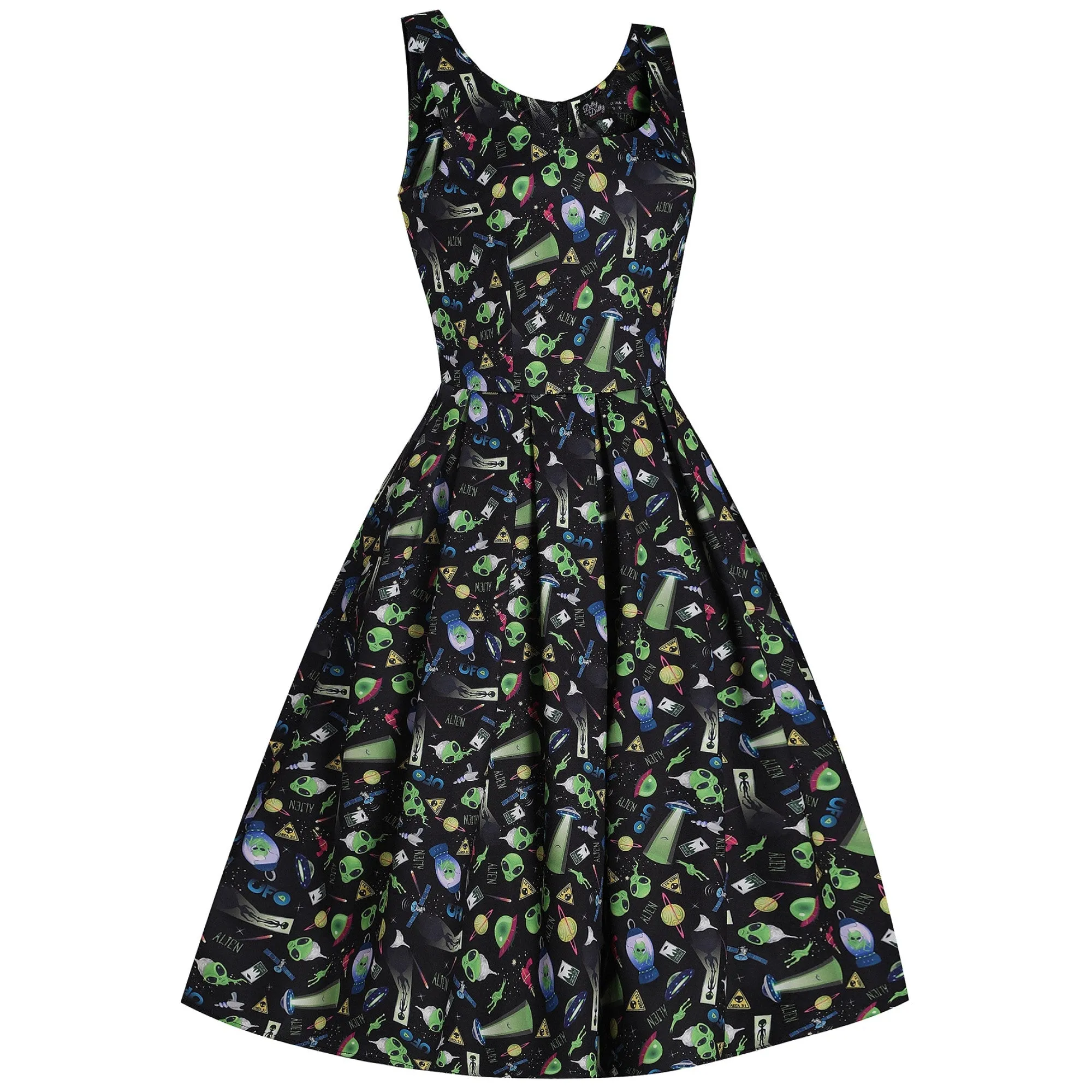 Amanda Swing Dress in Black with UFO Print