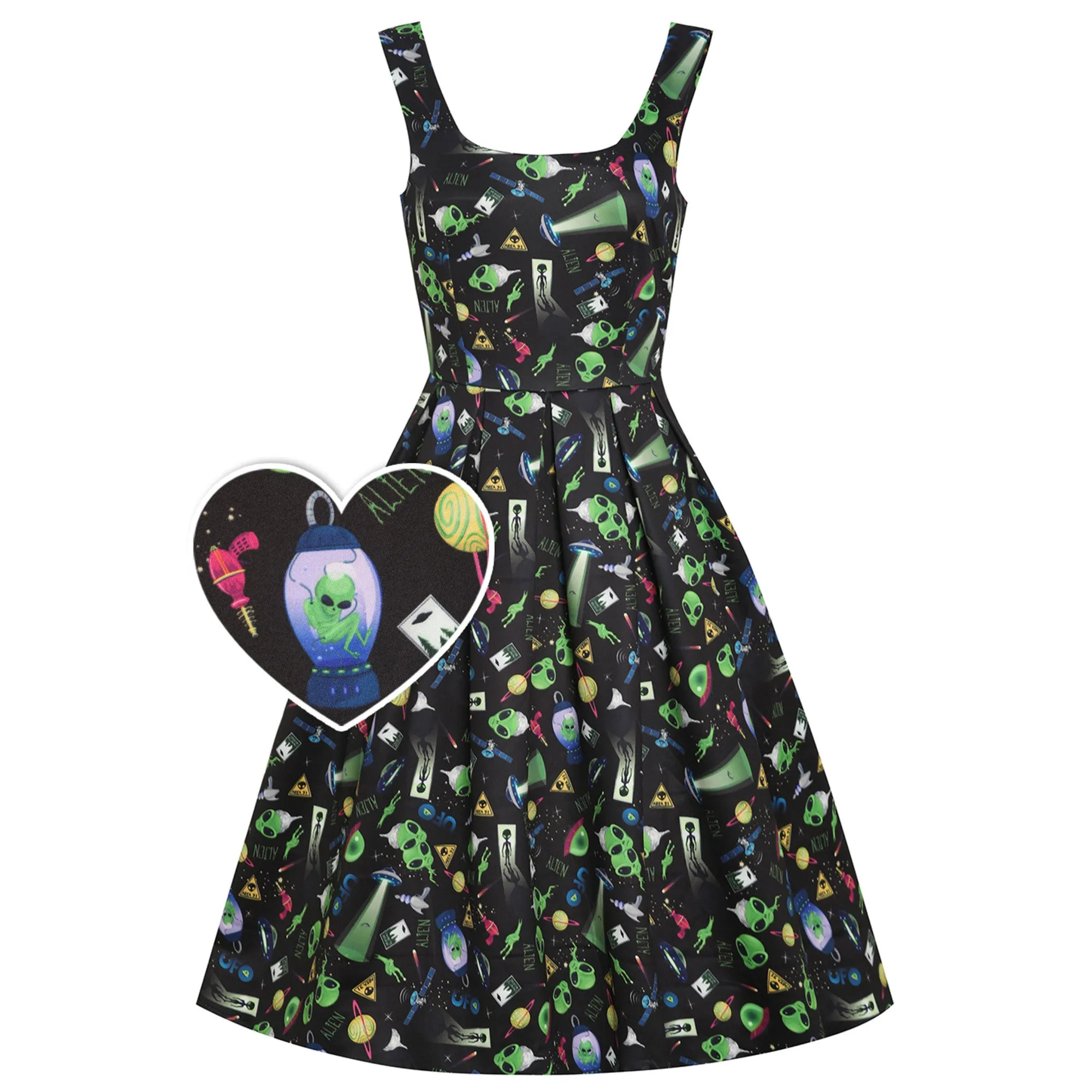 Amanda Swing Dress in Black with UFO Print