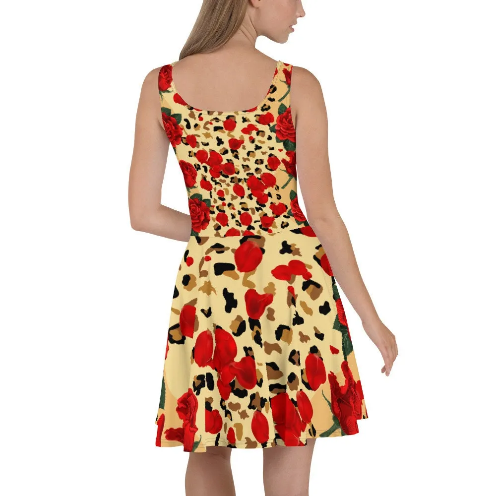 Animal Print Red Roses Skater Dress