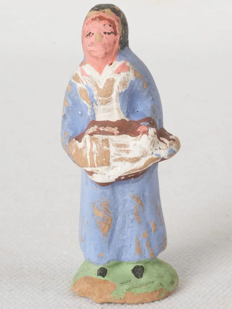 Antique French Terracotta Santon Village Woman in Blue Dress