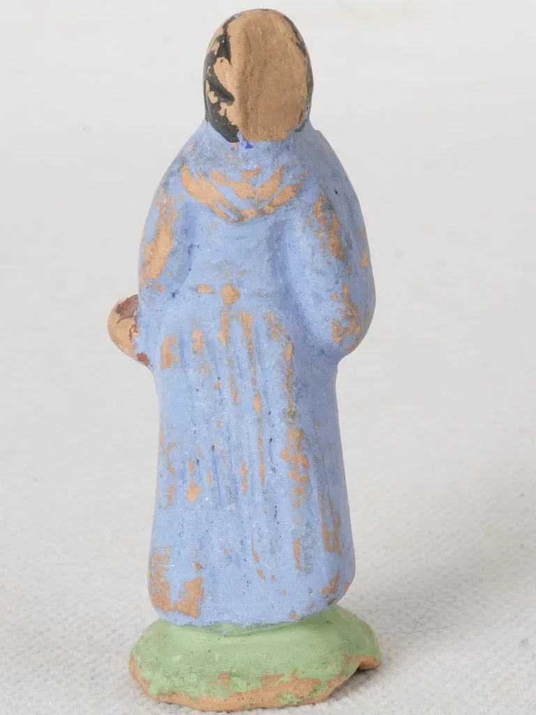 Antique French Terracotta Santon Village Woman in Blue Dress