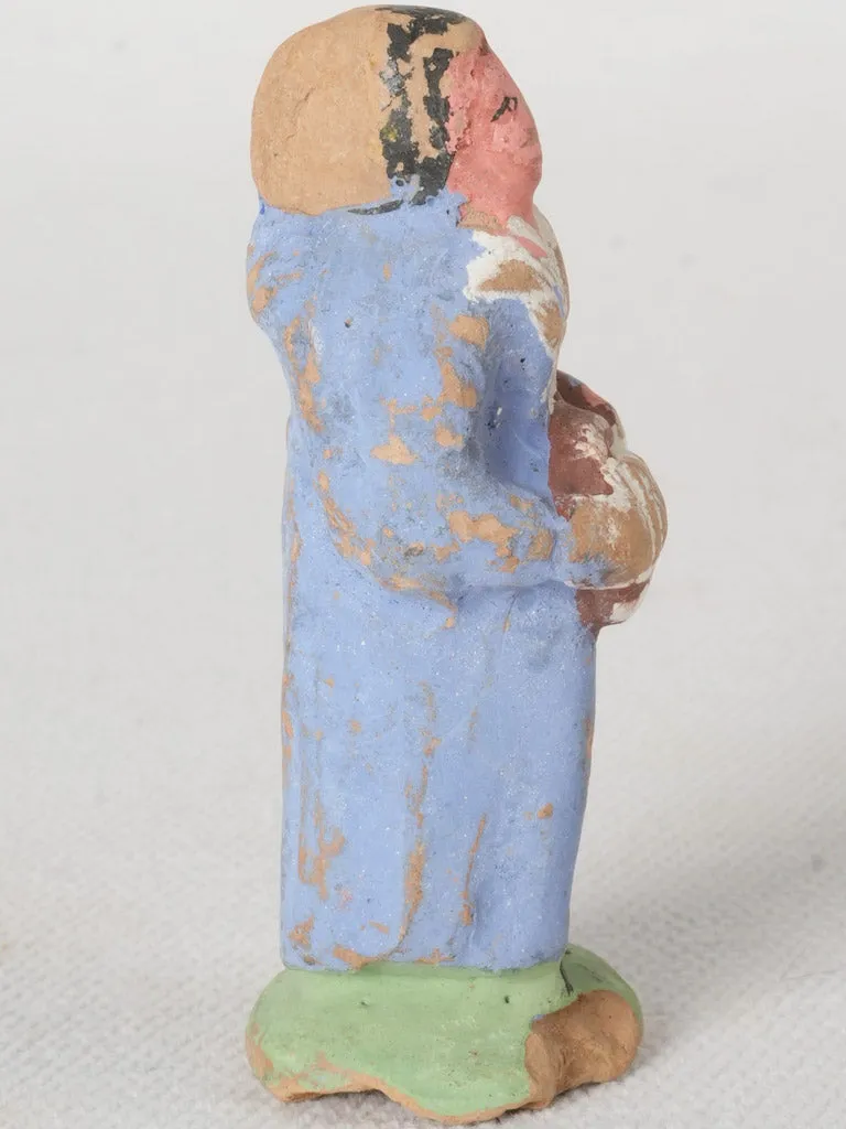 Antique French Terracotta Santon Village Woman in Blue Dress