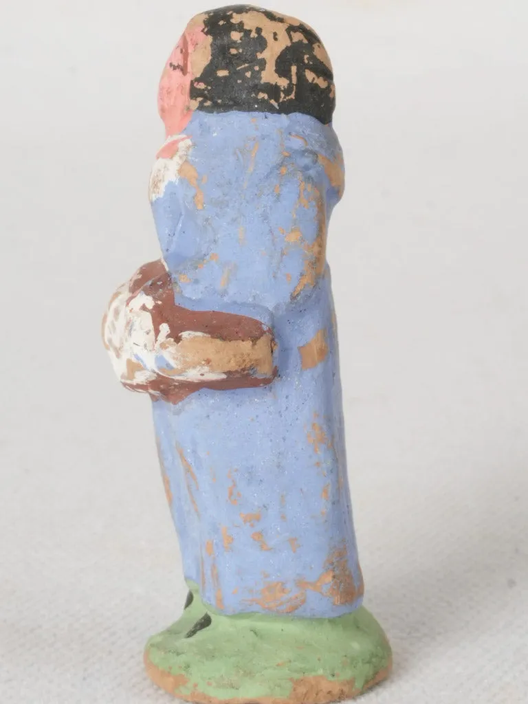 Antique French Terracotta Santon Village Woman in Blue Dress