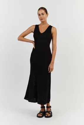 ASHER BLACK V NECK MIDI DRESS