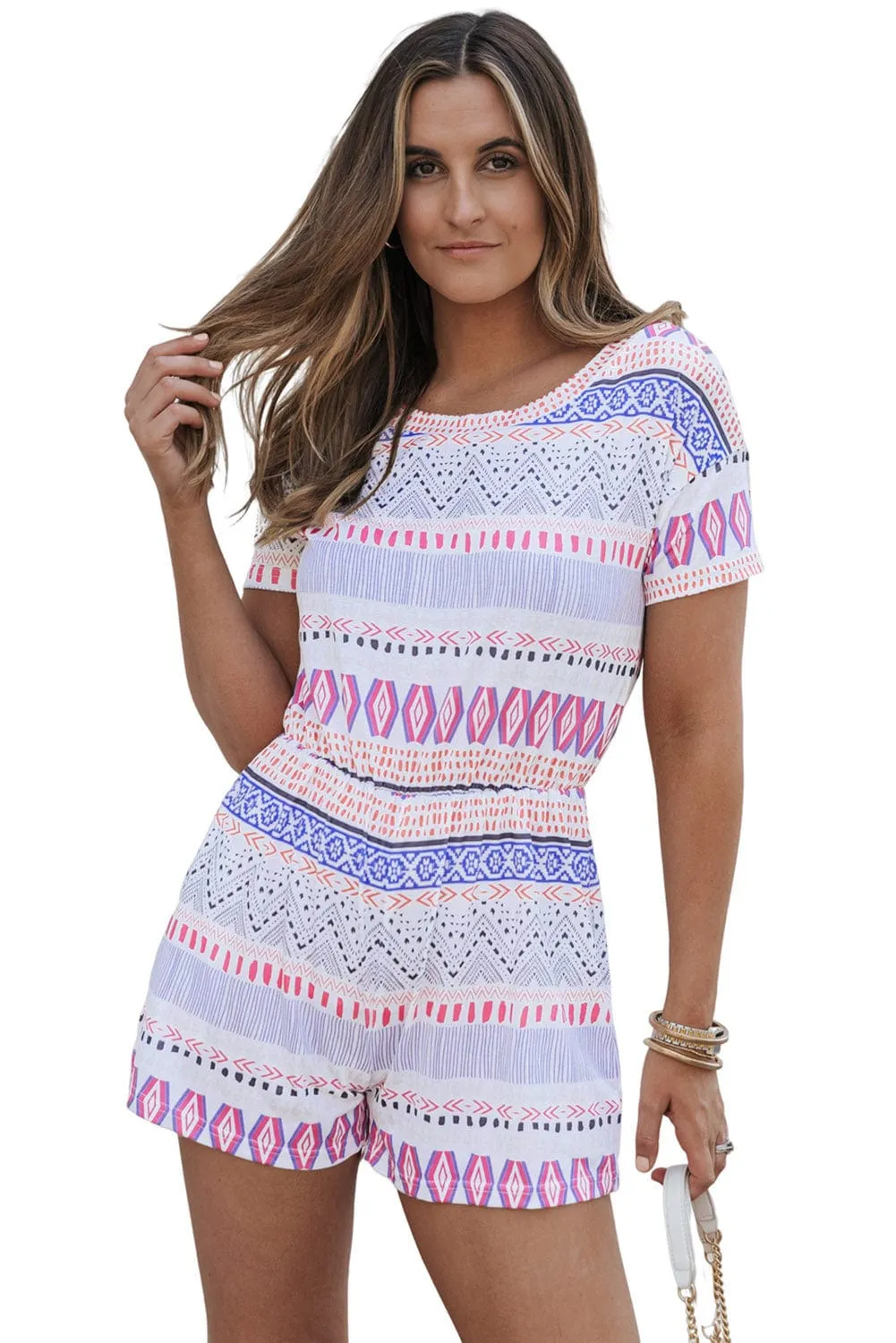 Aztec Patterned Short Sleeve Romper with Vibrant Colors