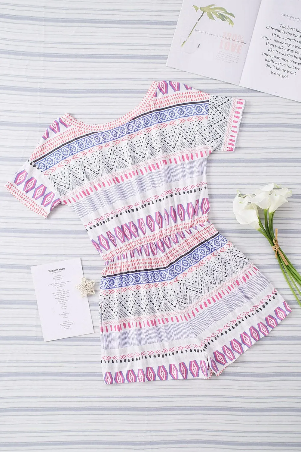 Aztec Patterned Short Sleeve Romper with Vibrant Colors