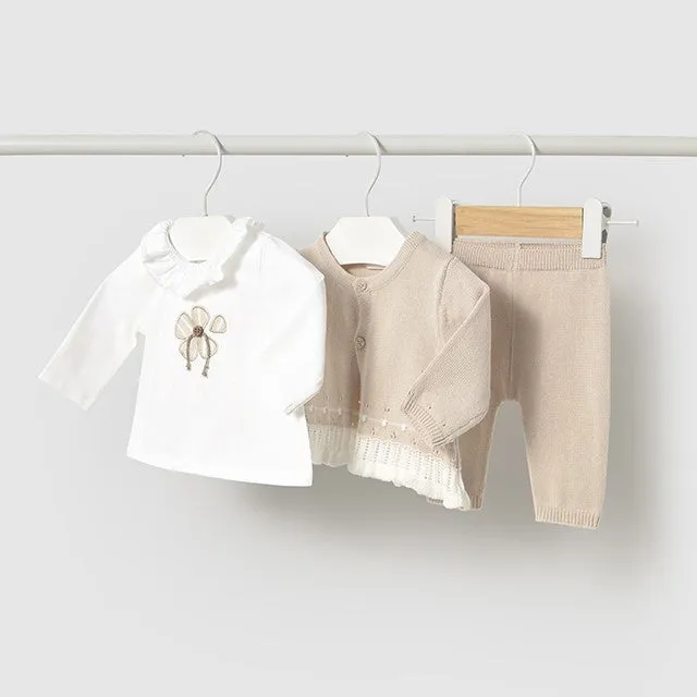 Baby Girls 3 Piece Trousers Set - Beige and White