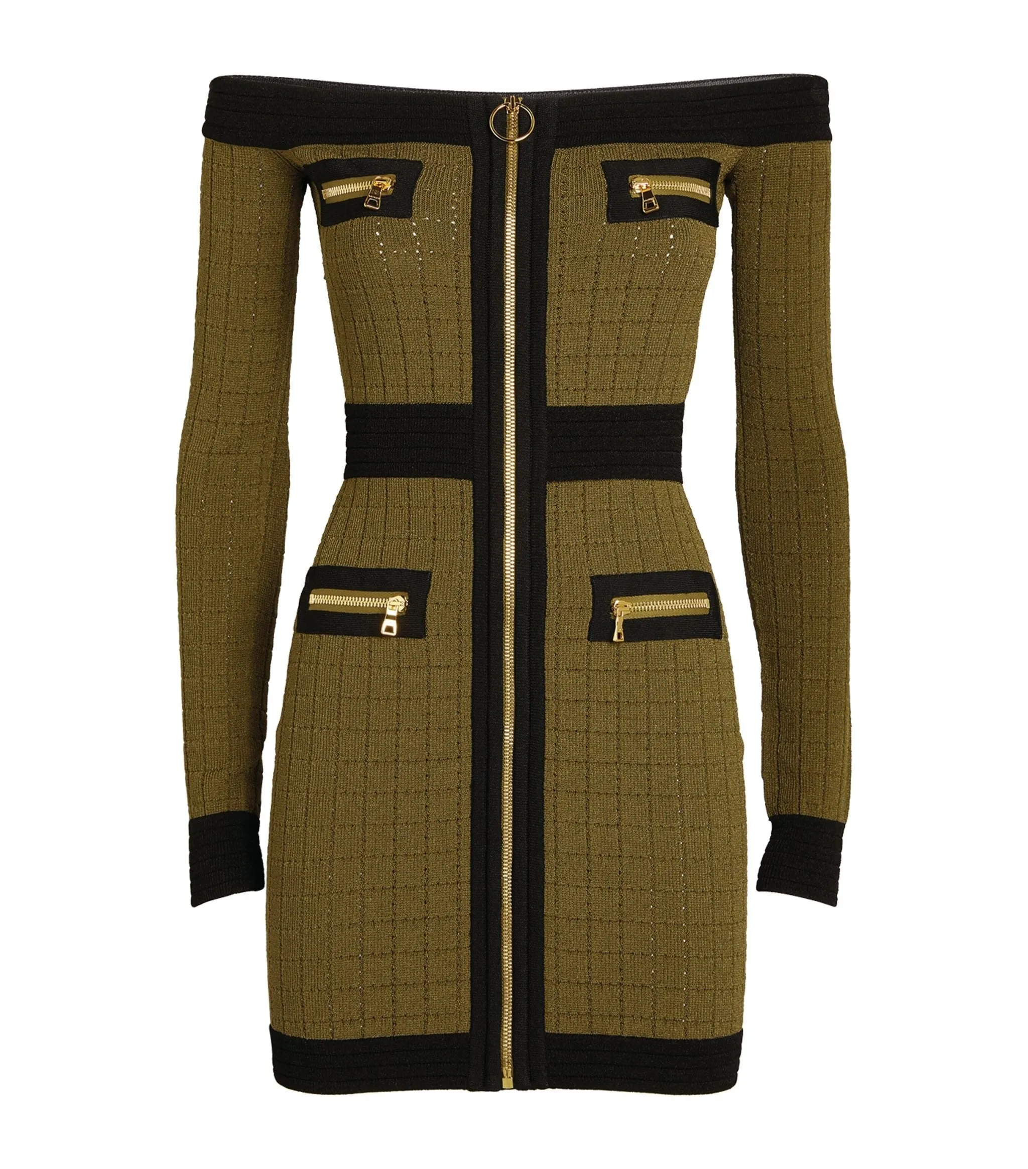 BALMAIN OFF THE SHOULDER KNITTED MINI DRESS