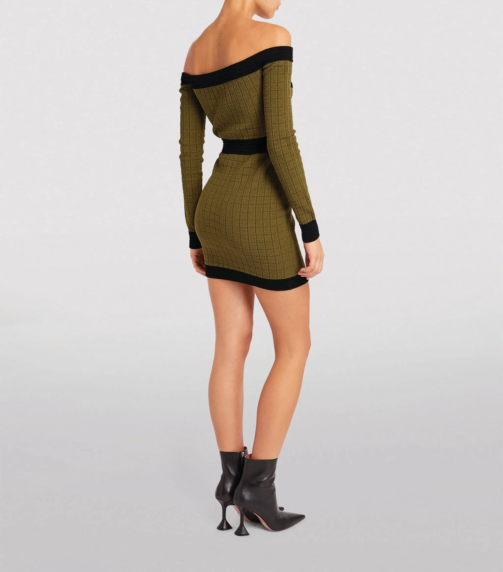 BALMAIN OFF THE SHOULDER KNITTED MINI DRESS