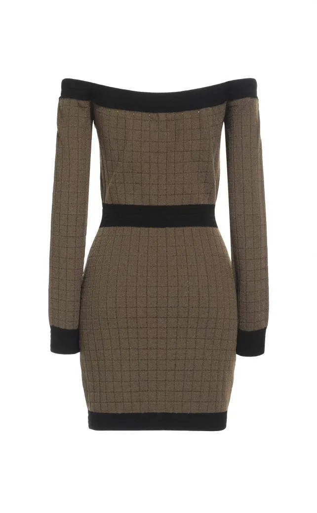 BALMAIN OFF THE SHOULDER KNITTED MINI DRESS