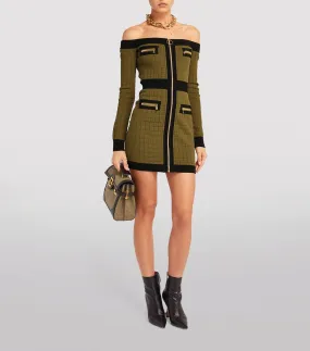 BALMAIN OFF THE SHOULDER KNITTED MINI DRESS