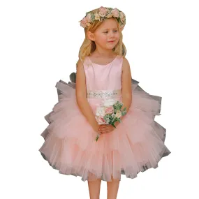 Big Girls Blush Satin Layered Tulle Removable Sash Junior Bridesmaid Dress 8-12