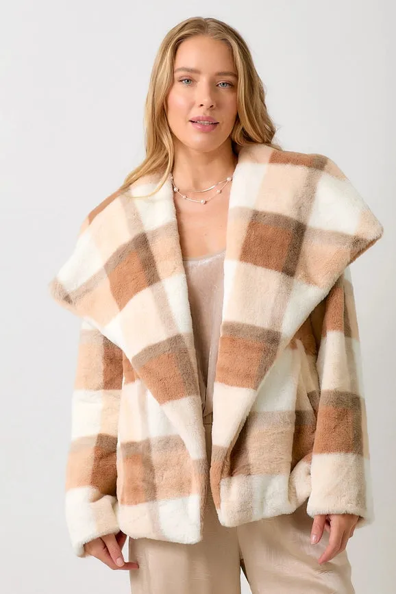 Big Lapel Collar Fur Jacket Rust/Ivory