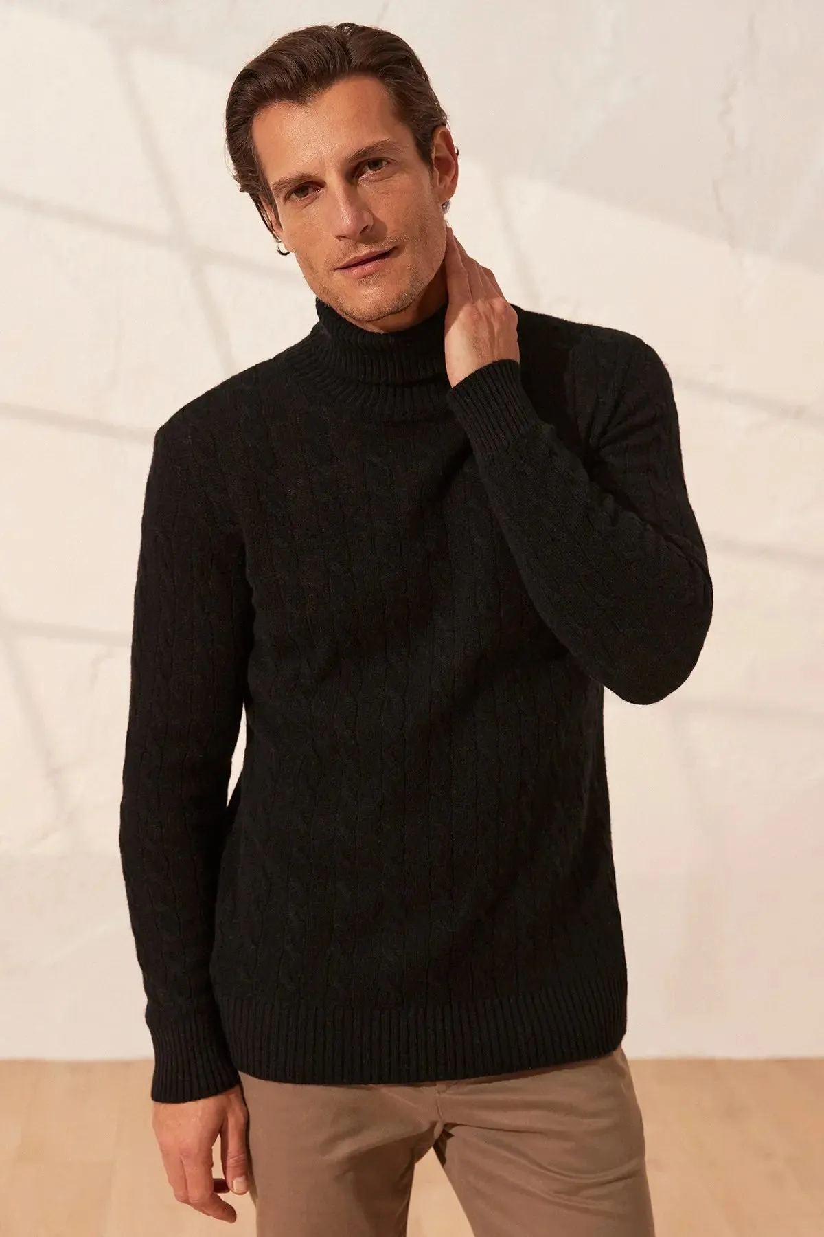 Black Amerigo Australian Wool Cashmere Braided Turtleneck Long Sleeve Men's Sweater