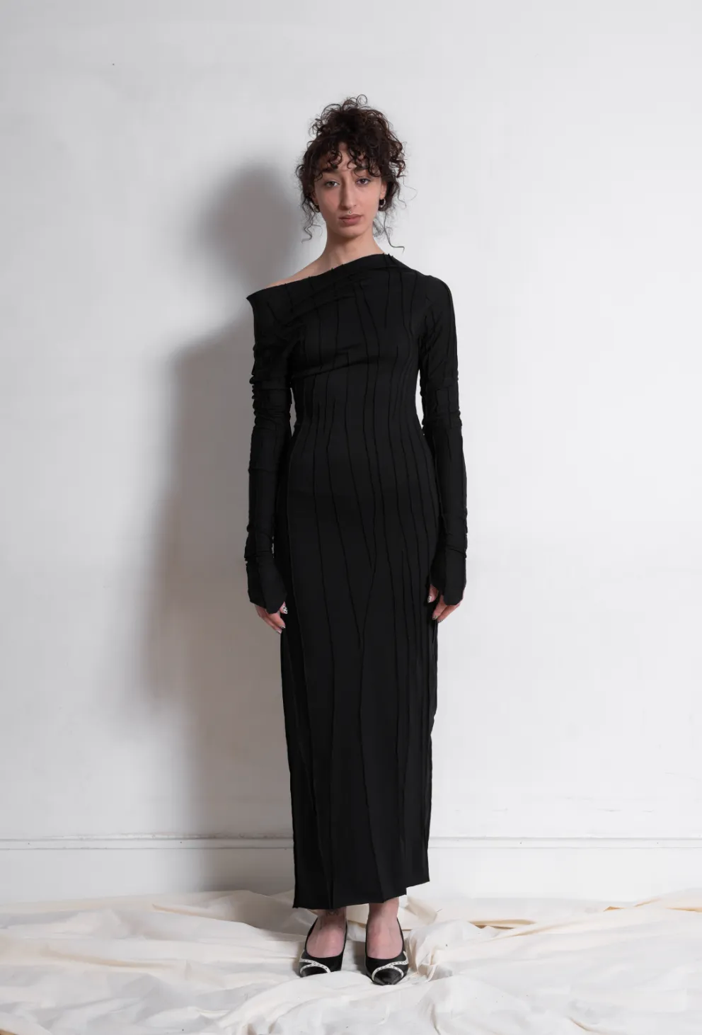 BLACK ASYMMETRIC LONG COCON DRESS