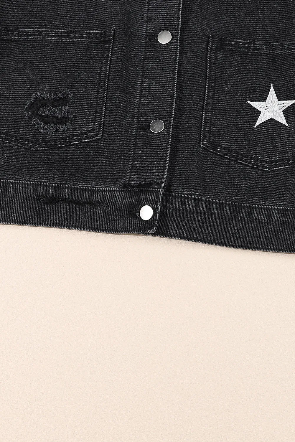 Black Distressed Pearls Star Cropped Denim Jacket