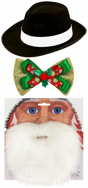 Black Gangster Hat with Santa Beard and Gold Bow Tie - Christmas Xmas Party Costume Set