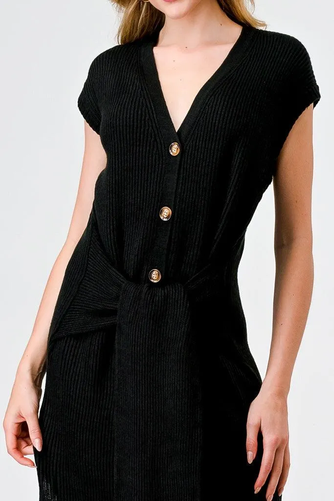 Black Knit Button-Up Sleeveless Belted Midi Sweater Dress /4-2-1