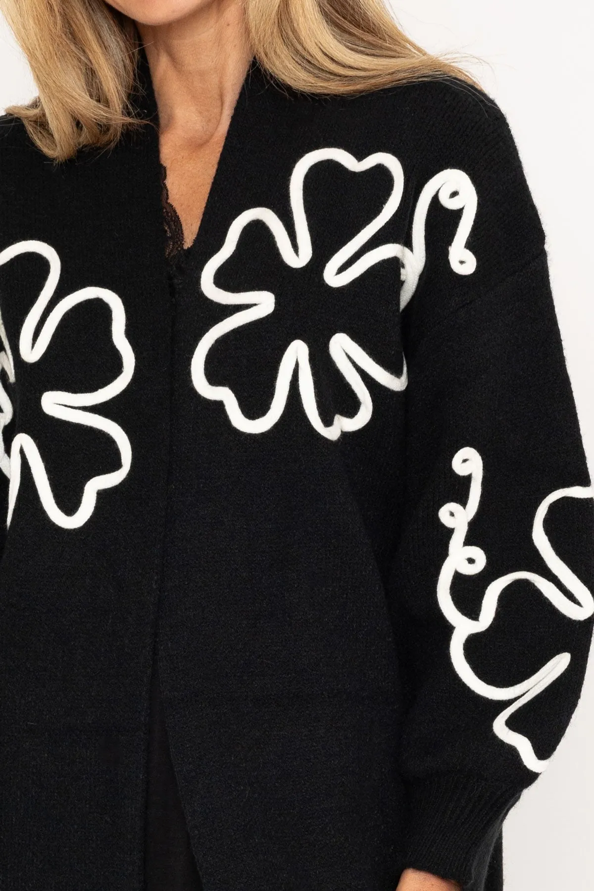 Black Long Cardigan With Flower Applique