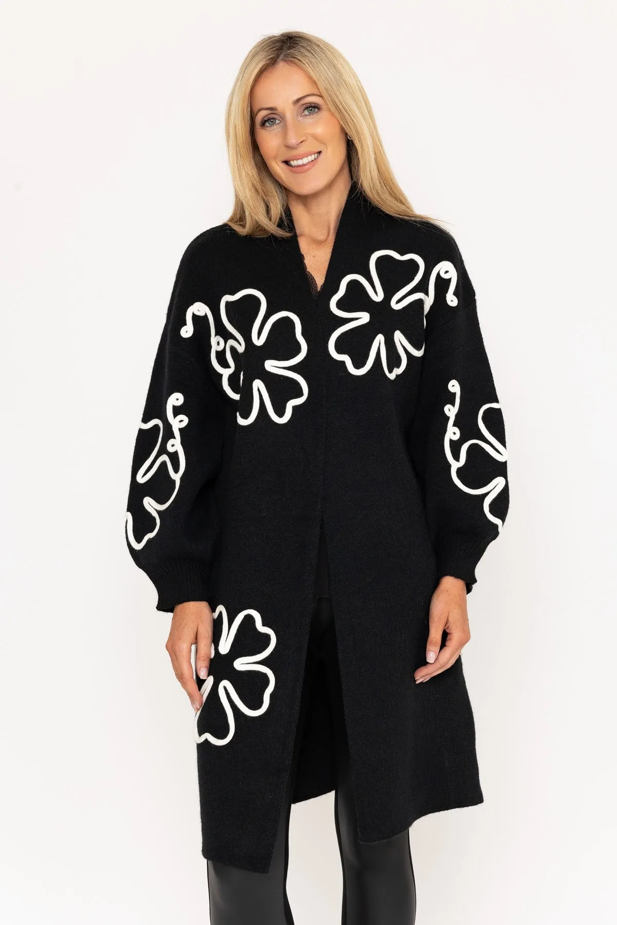 Black Long Cardigan With Flower Applique