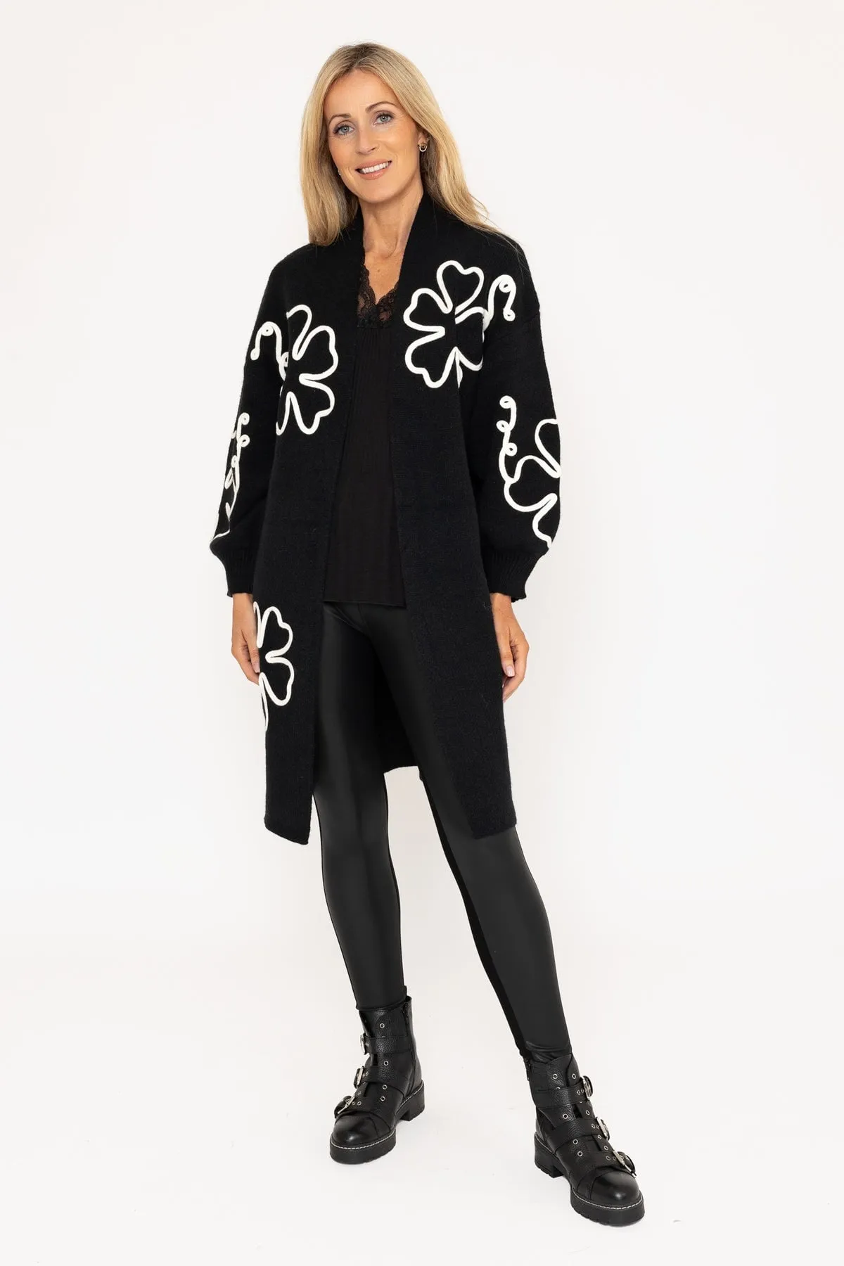 Black Long Cardigan With Flower Applique