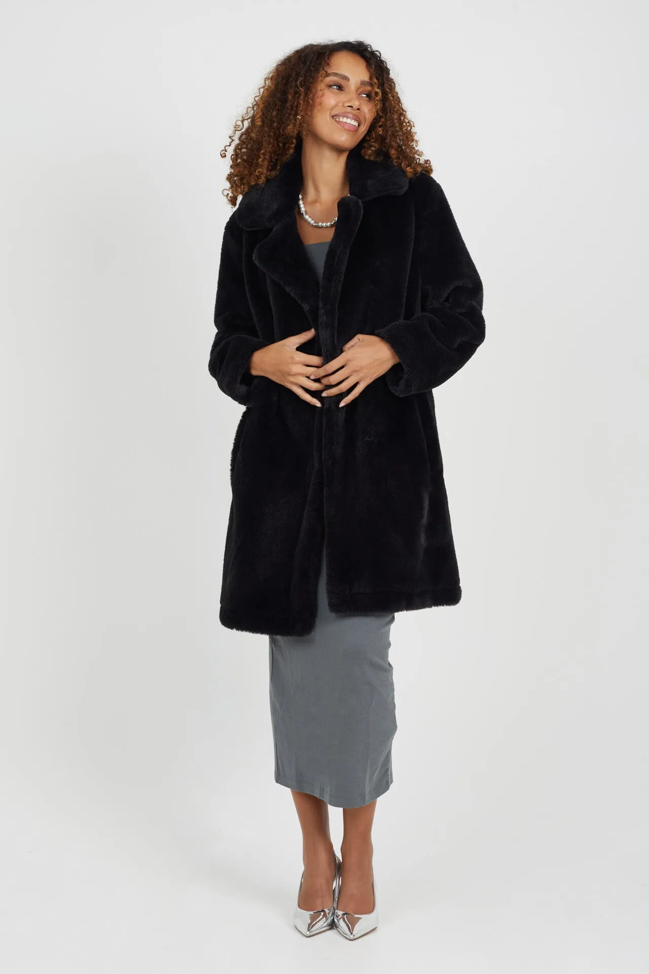 BLACK LONG LENGTH DOUBLE BREASTED FAUX FUR JACKET