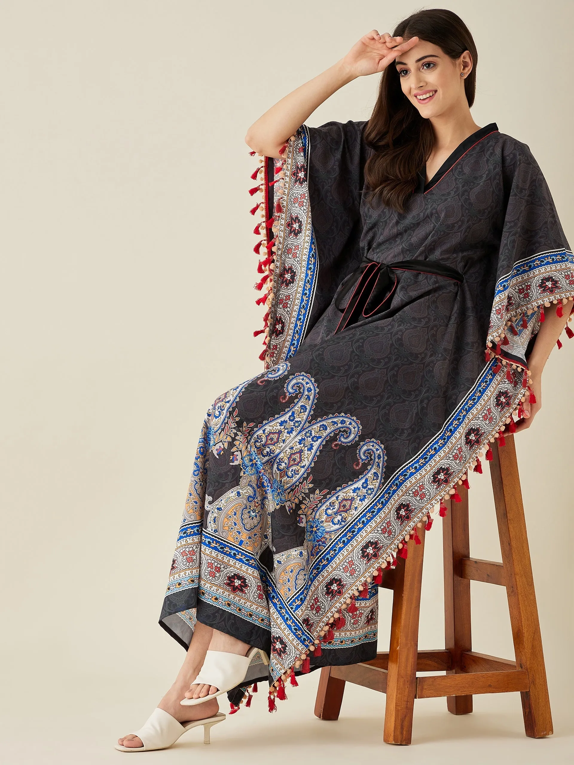 Black Paisley Printed Crepe Kaftan Nightdress  - The Kaftan Company