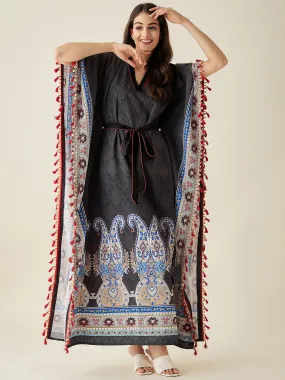 Black Paisley Printed Crepe Kaftan Nightdress  - The Kaftan Company