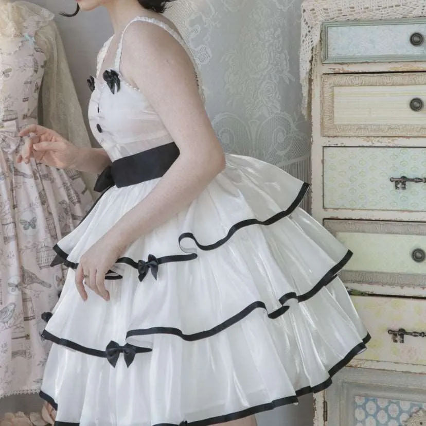 Black Pink White Sweet Lace Layered Cake Strap Dress