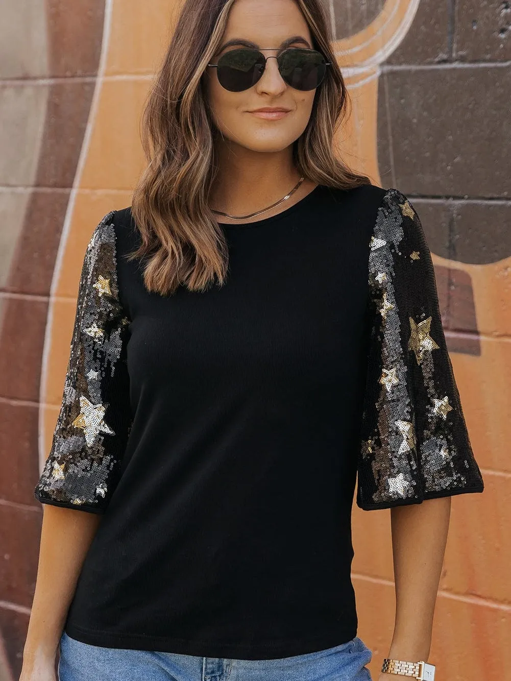 Black Ribbed Knit Top with Star Sequin Detail