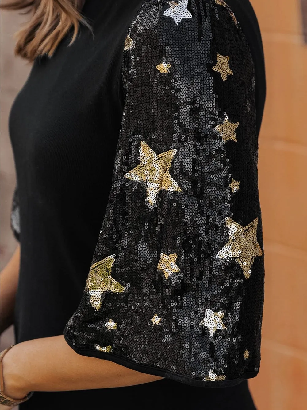 Black Ribbed Knit Top with Star Sequin Detail