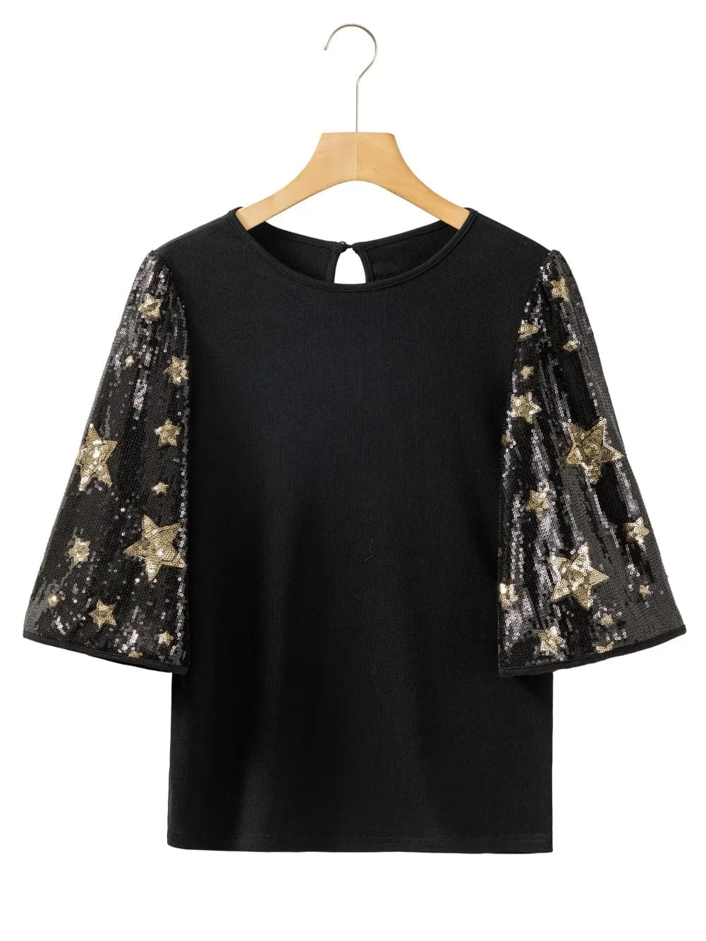 Black Ribbed Knit Top with Star Sequin Detail