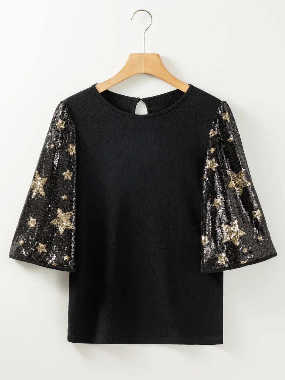 Black Ribbed Knit Top with Star Sequin Detail