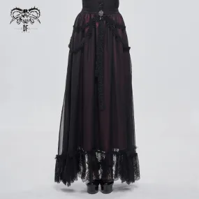 Black/Red A-line Long Skirt w/ Front Diamond Detail