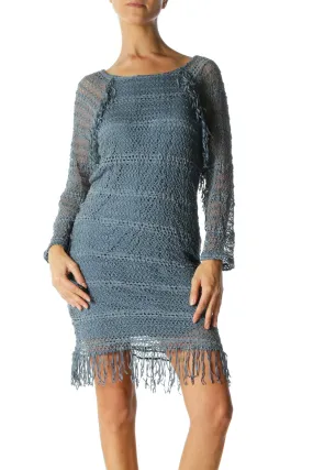 Blue Round Neck Stretch Knit Fringe Detail Dress